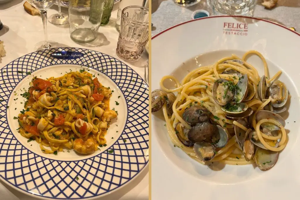 To the left, you'll see long pasta served on a flat plate, which is often considered a more elegant presentation. But as you can see on the right, a deep dish or bowl is also commonly used in restaurants for long pasta.