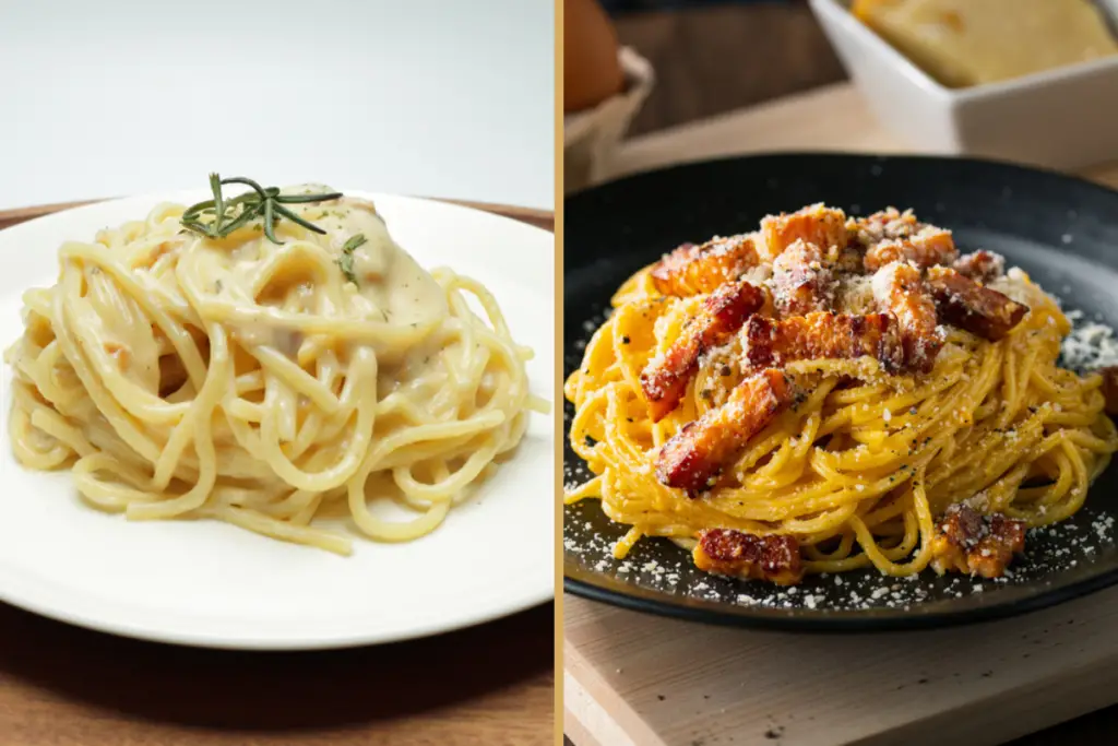 The spaghetti carbonara with added cream (left) has a light, smooth, and velvety sauce, while the traditional carbonara without cream (right) has a deeper yellow hue and a slightly rougher and chunkier texture.