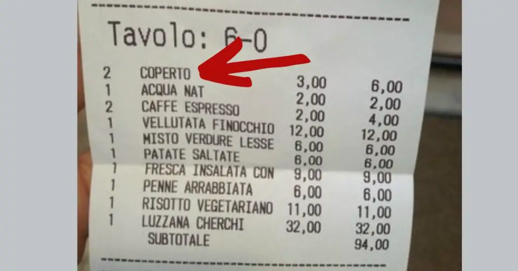 the receipt of an Italian restaurant with the cost of the cover charge, which also includes bread.