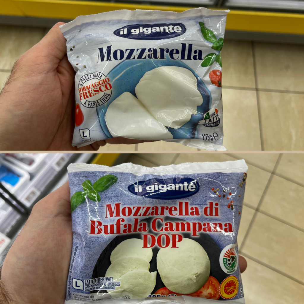 
Two supermarket mozzarellas, both packaged in milky liquid, look the same but are actually different: the one on top is a Fior di Latte mozzarella made from cow's milk, while the one below is a Buffalo Mozzarella.