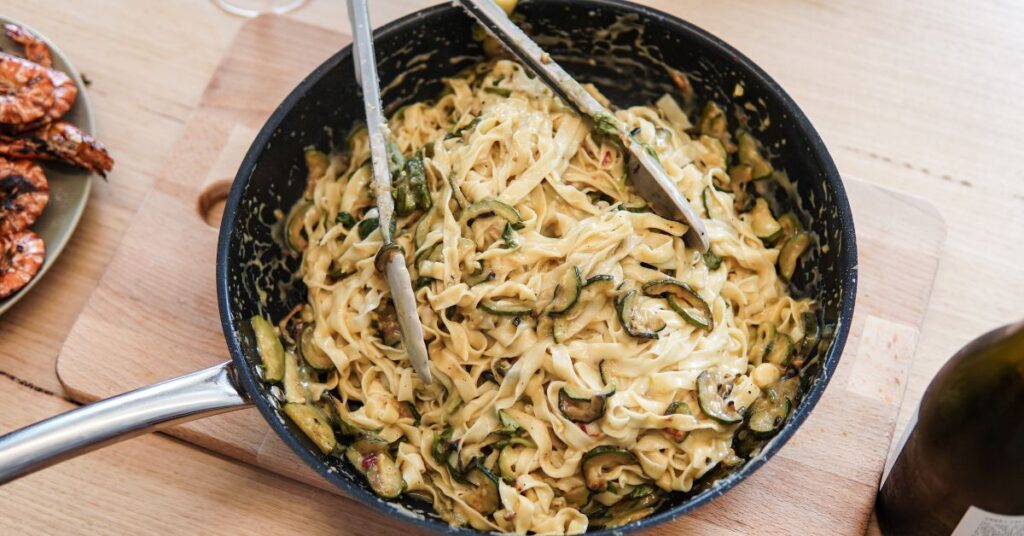 Pasta seasoned directly into the sauce pan.