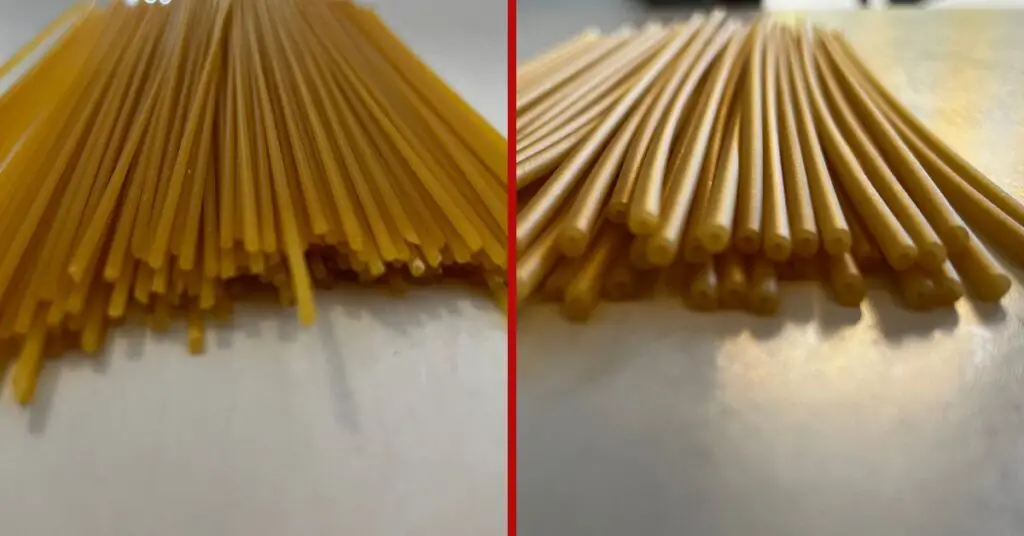 As you can see, the bucatini on the right have a central hole, while the spaghetti on the left do not, and are also thinner.