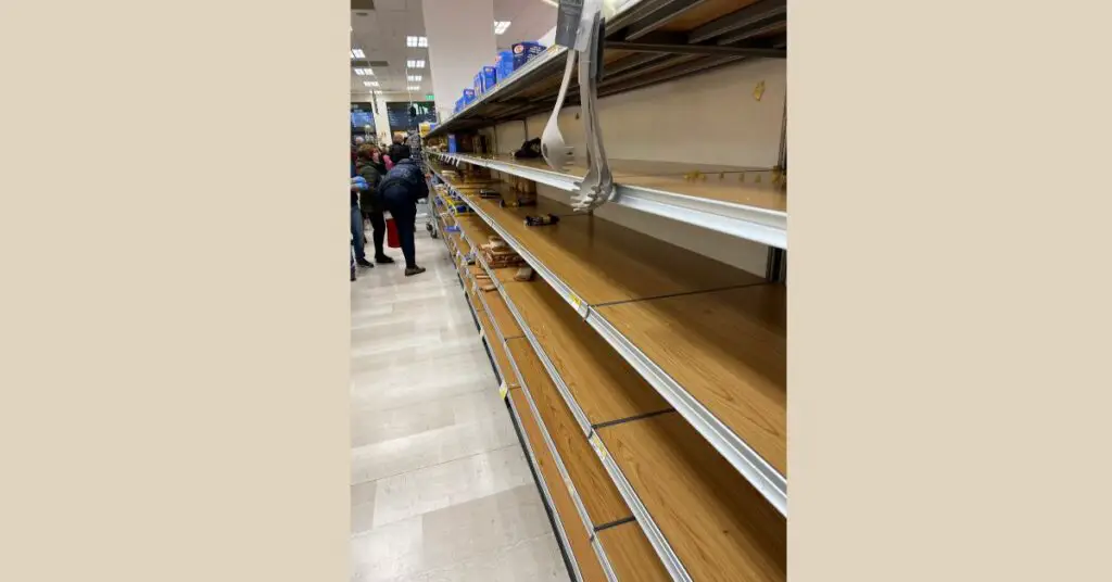 In this photo you can see dried pasta shelves almost completely empty during the pandemic. The only pasta shape still available was smooth penne.