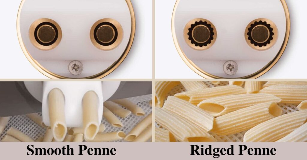 In this picture you see the difference between a die for smooth penne and a die for  ridged penne. The first is smooth the second has many small indentations that ridges the penne.