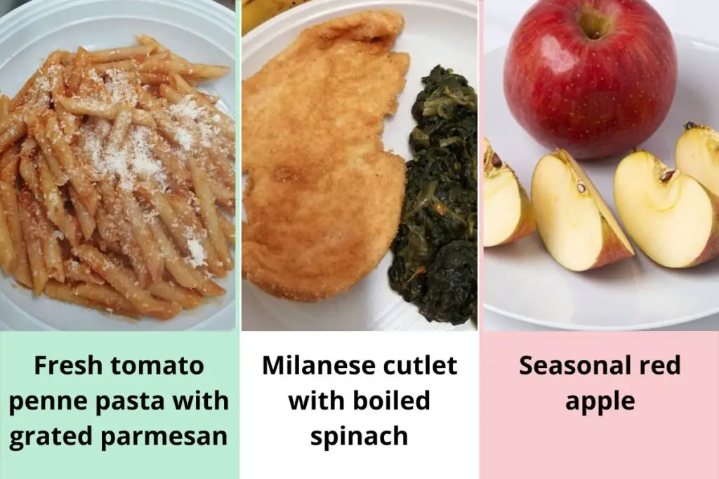 A typical menu of a school canteen in Italy: the first course is penne with tomato sauce, the second course is a cutlet with spinach and finally the fruit, an apple.