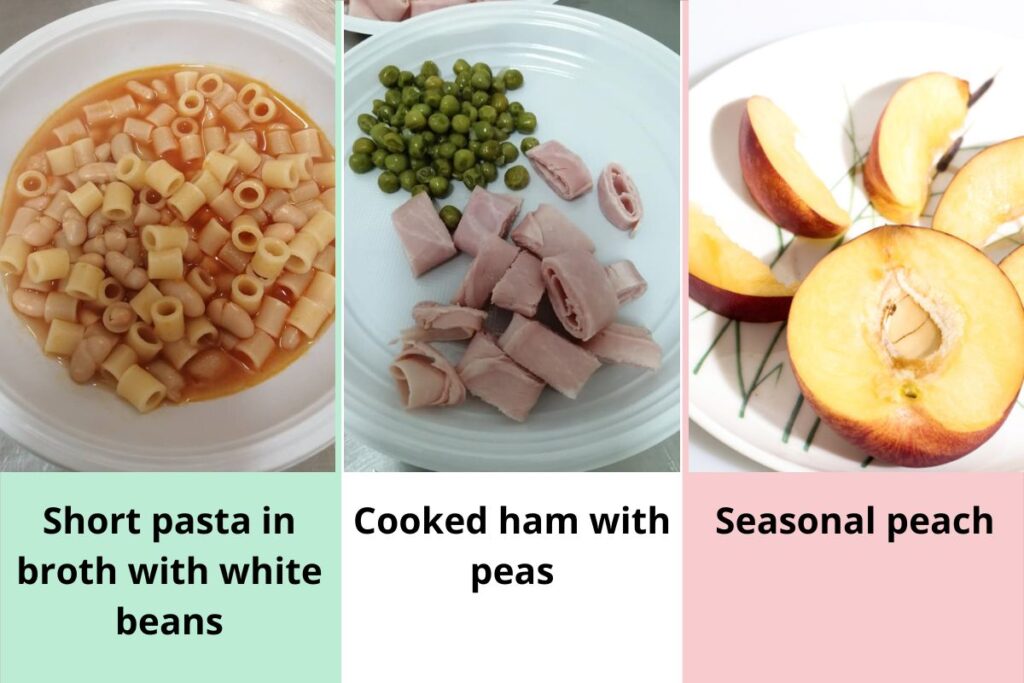 The typical lunch of an Italian school canteen: pasta and beans, followed by cooked ham with peas and then a peach.