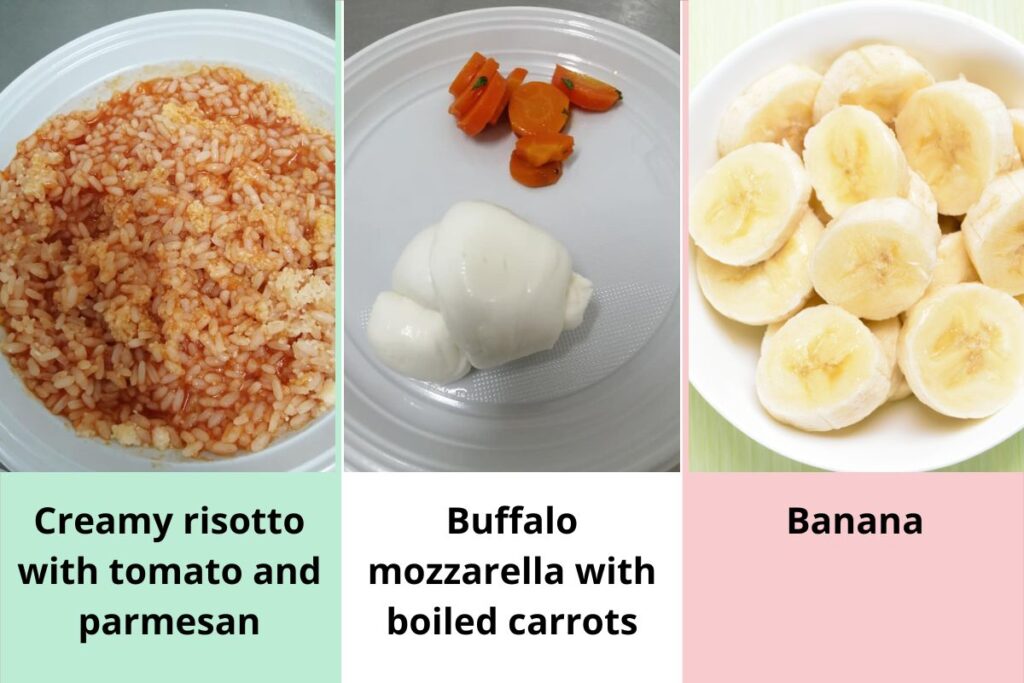 This is how a typical meal is structured in a canteen for elementary school children in Italy. Risotto first, followed by mozzarella with carrots and finally a banana.