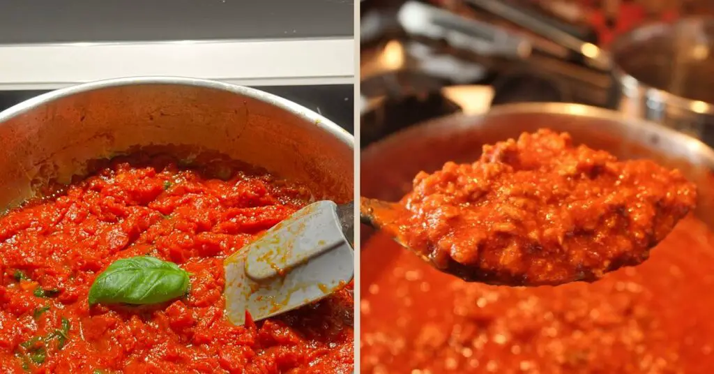 On the left is a tomato sauce, and on the right is a ragu, as you can see in the ragu the pieces of minced meat inside are clearly visible.