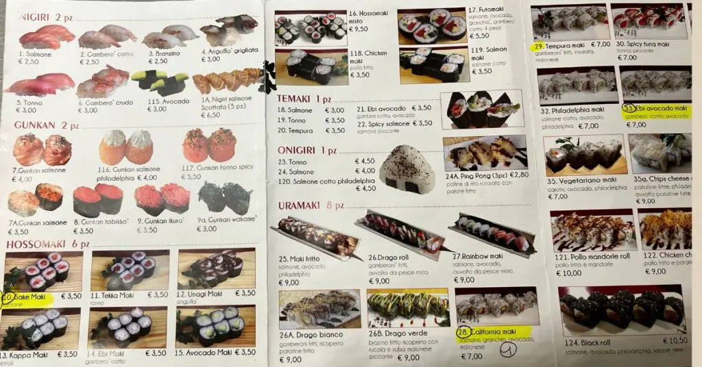 Here is the menu of an all-you-can-eat sushi restaurant located in Milan.