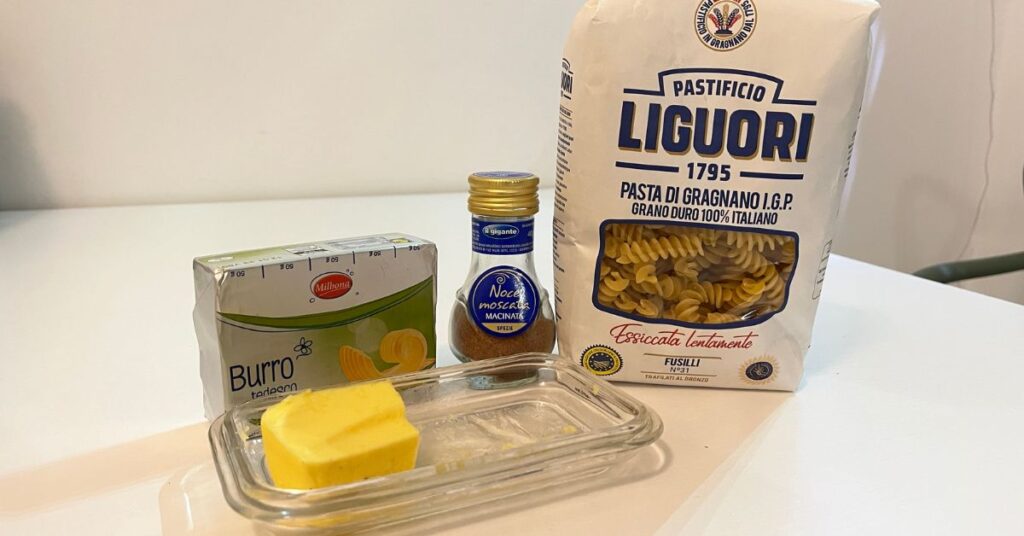 Here are the really necessary ingredients for a white pasta: obviously pasta, butter and a little nutmeg (if you like).