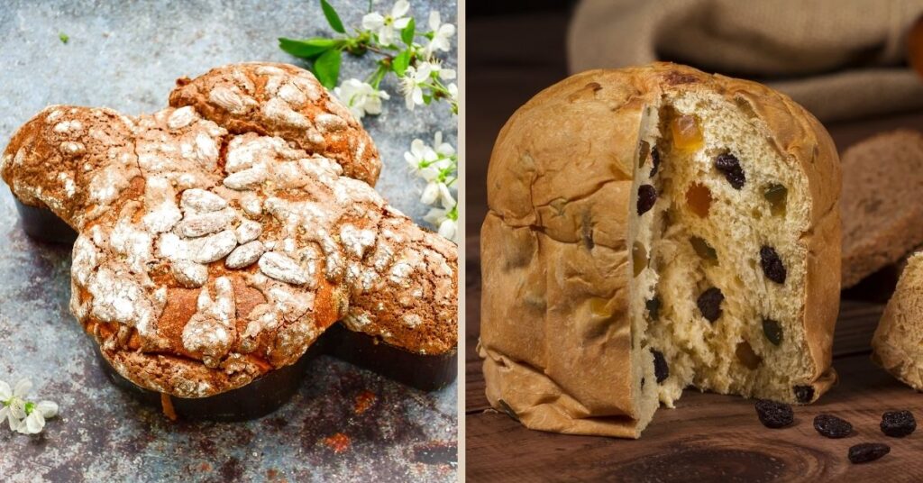 The dove (on the left) is immediately recognizable by its asymmetrical shape; the panettone instead (on the right) is symmetrical in the shape of a dome.