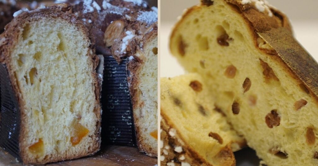 On the left a sliced ​​dove, on the right a slice of panettone. As you can see inside they look a lot alike, usually the panettone has a yellower dough while the dove is lighter.