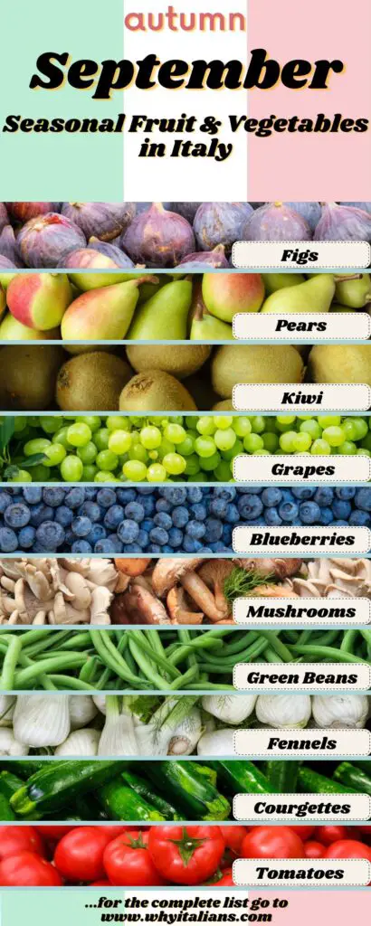 This infographic shows five types of fruit and five types of vegetables that are in season in Italy in the month of September.