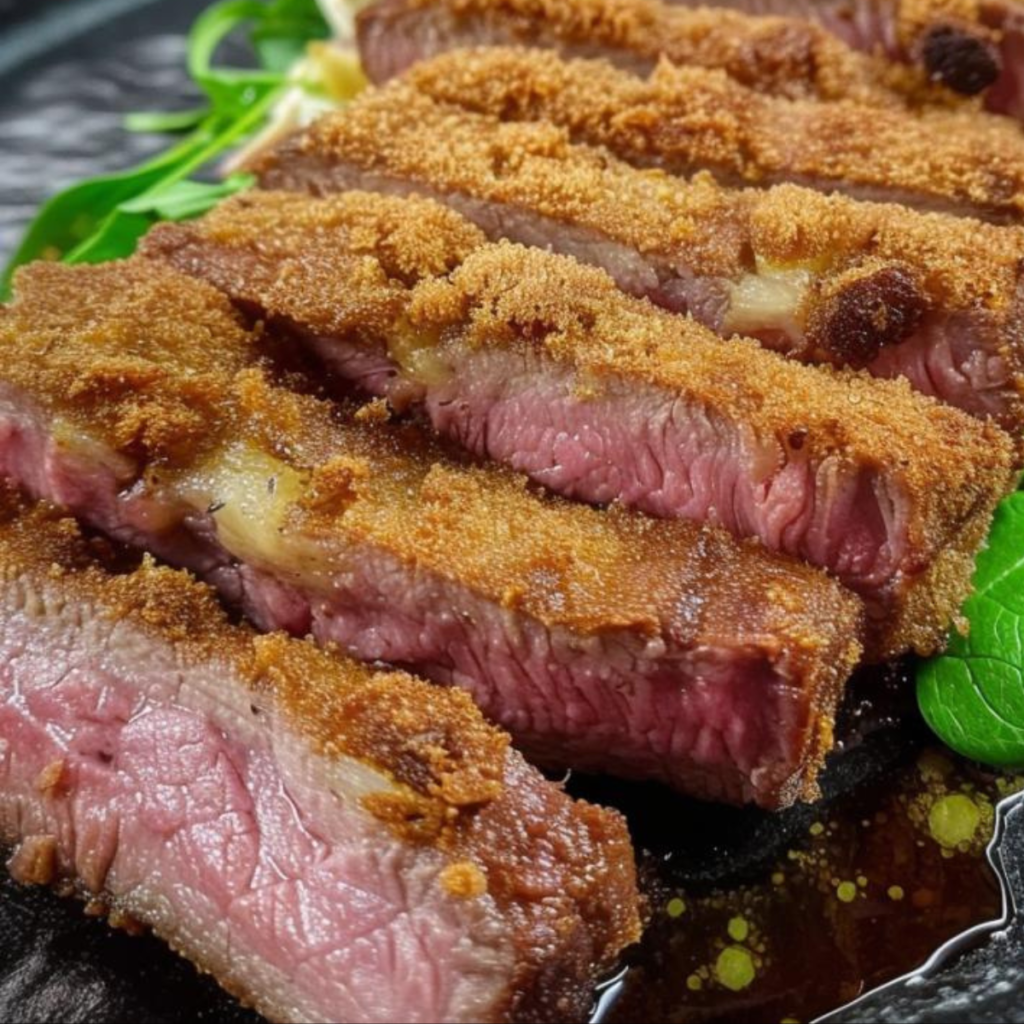 A breaded and sliced steak, seasoned with anchovy sauce.