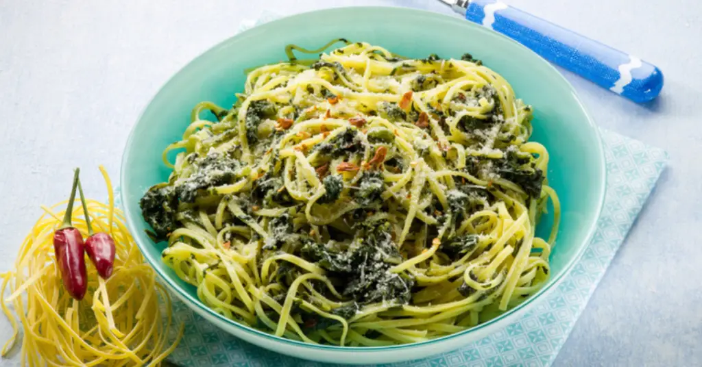 A dish of Pasta alla Renaiola, made with cime di rapa (turnip tops) or other tender leafy greens.