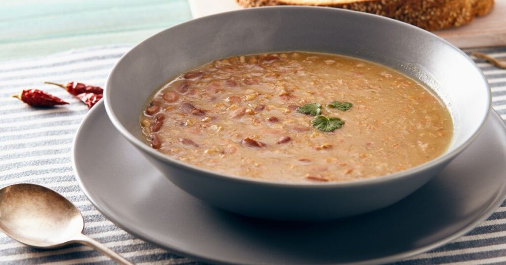 A bowl of grain soup and beans in Lucca.