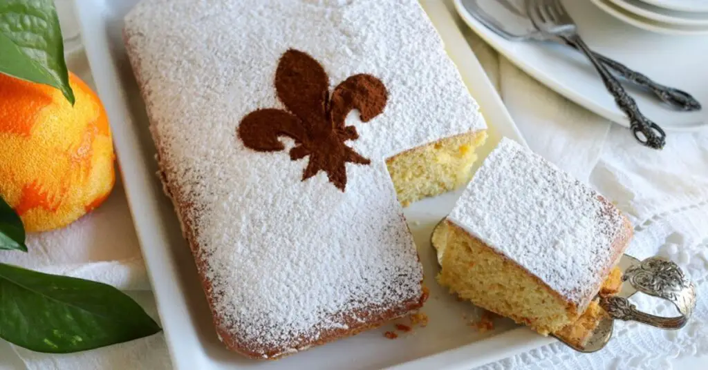 A cake called Schiacciata Fiorentina, is rectangular in shape and spongy in appearance, covered in icing sugar and with the symbol of a lily above it, the inside is soft and full yellow in colour.