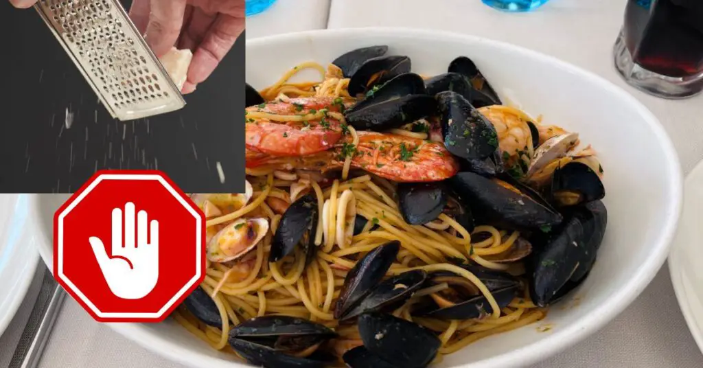 The image shows a collage of pictures, a hand grating Parmesan cheese over a plate of spaghetti alle vongole, with a large red "prohibited" symbol overlaying it all.