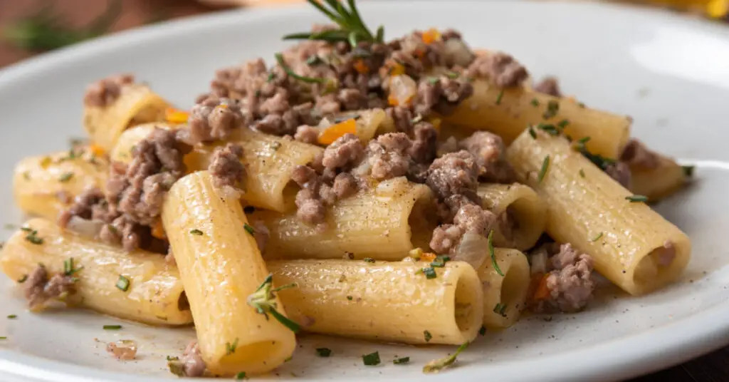 A plate of rigatoni pasta topped with a meat sauce, also known as White Ragù. (no tomato sauce)
