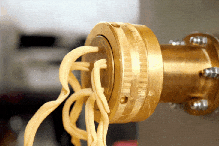 This gif illustrates the intricate details of a bronze die pasta extruder in operation. The dough is forced through the die, and the pasta that emerges takes on the precise shape of the die's design. Thanks to the unique properties of the bronze, the pasta will have a porous surface filled with micro-incisions, which contributes to its characteristic texture.