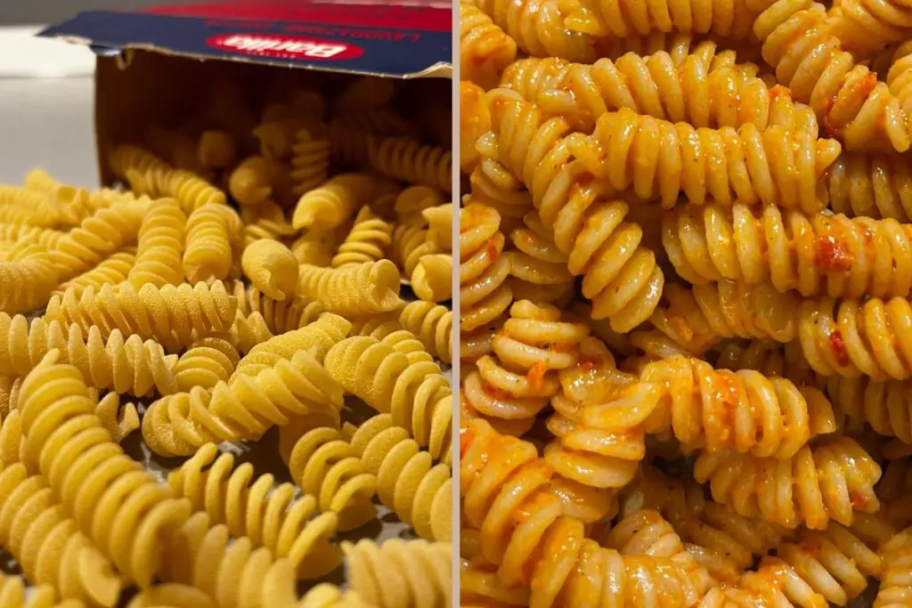 In the image you can see on the left the raw Barilla bronze pasta, we note that its surface is very porous, on the right once cooked and seasoned we can see how well it holds the sauce around it.