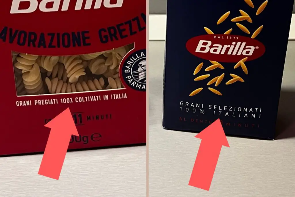 The 100% Italian origin of the wheat is indicated on both packs of Barilla pasta, but with two slightly different wordings.