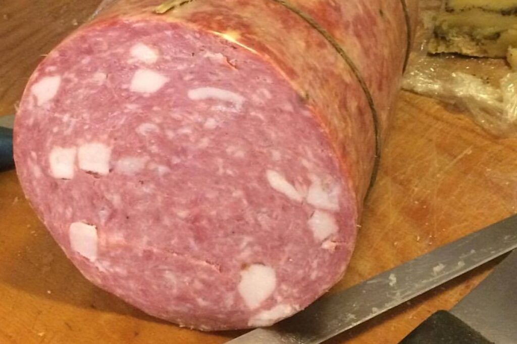 A form of mortadella from Prato, cut in half, inside you can see the reddish color of the meat and the white pieces of fat.