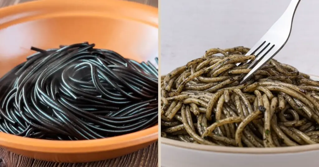 On the left you can see spaghetti clearly colored with squid ink or dyes. On the right, spaghetti seasoned with a squid ink sauce.