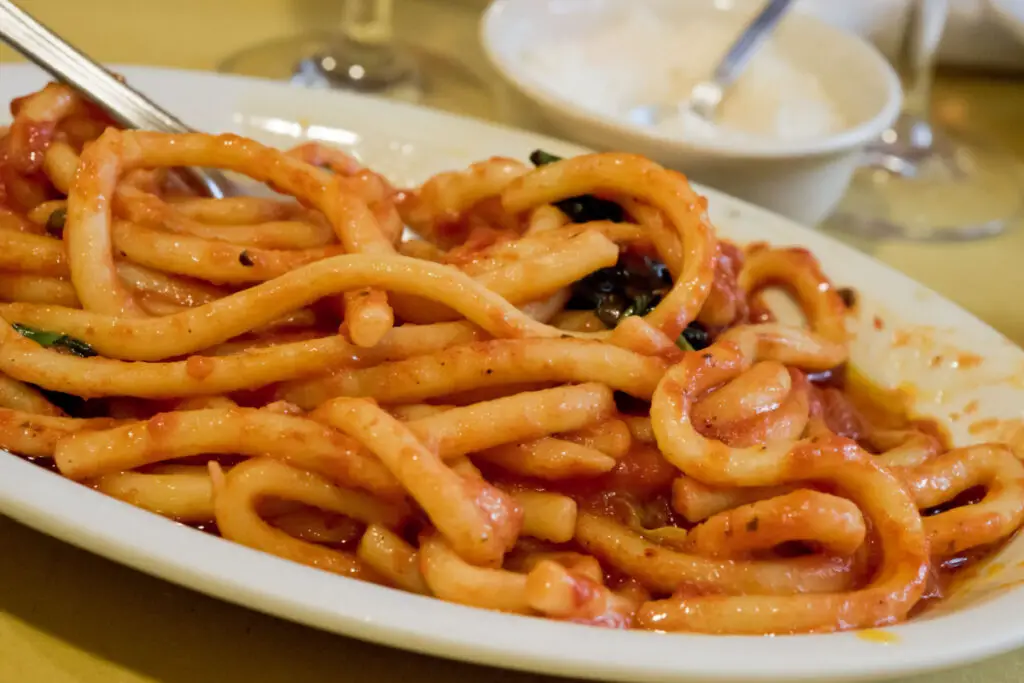 An oval dish filled with Pici pasta with tomato sauce, this long pasta is the same length as spaghetti but is much thicker and more irregular as they are hand rolled.