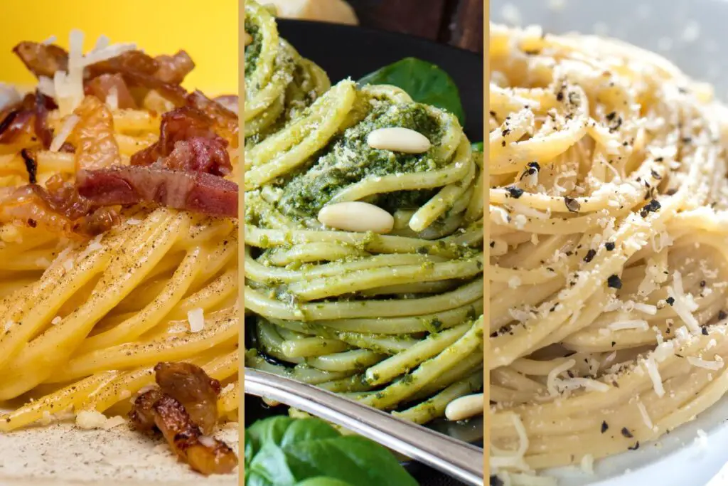 From left to right, the holy trinity of Italian favorites pasta sauces beyond the classic tomato: Carbonara, Pesto, and Cacio e Pepe.