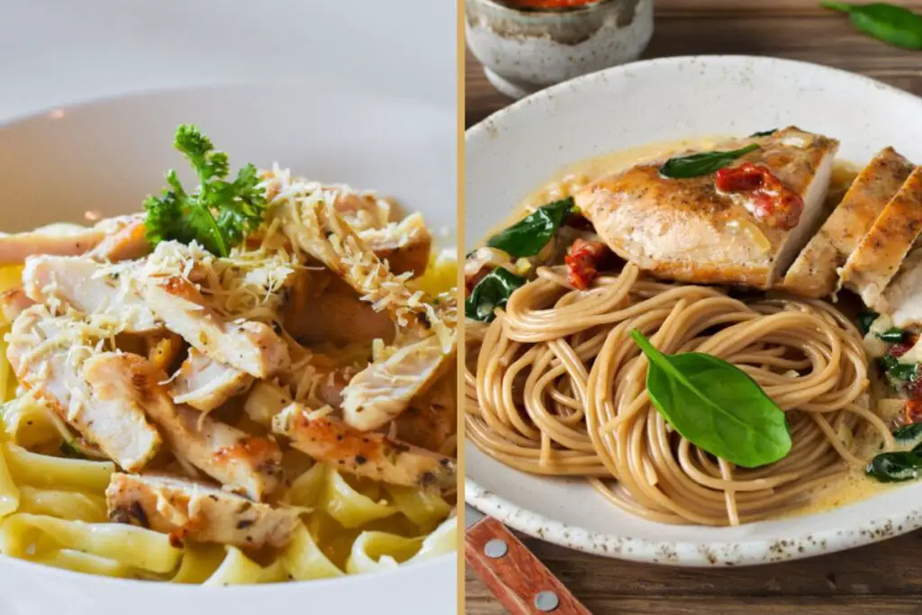 Two pasta dishes with chicken inside; one has the chicken as a condiment, diced into pieces, while the other is a plate of spaghetti with an entire chicken breast inside.