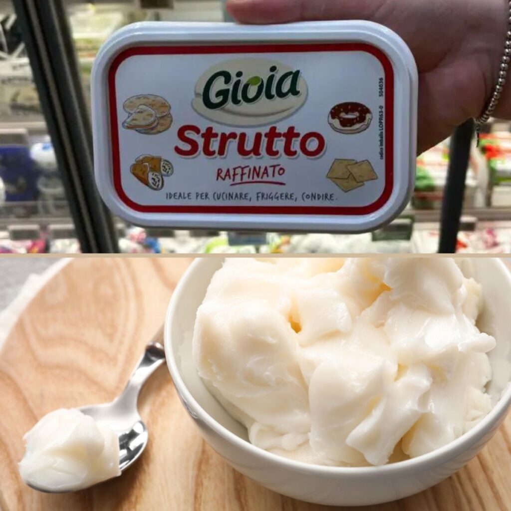 Image show how Lard in Italy is sold under the name "Strutto" and is often found in the refrigerated section in plastic containers, as it has a creamy consistency.