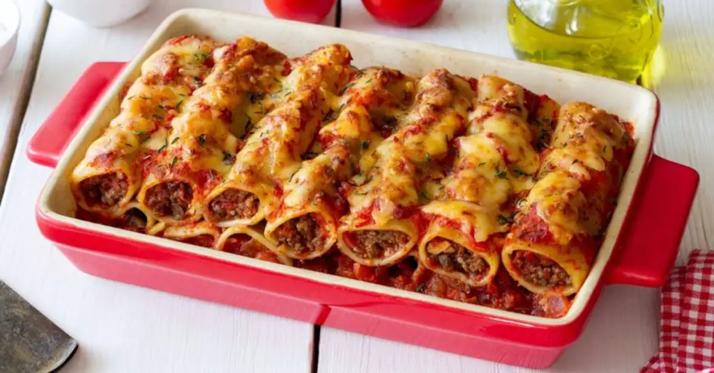 A casserolle with baked meat stuffed cannelloni.