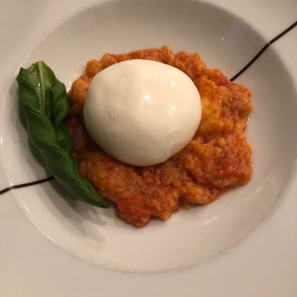 A buffalo mozzarella served on a plate over a bed of fresh tomato and a basil leaf.