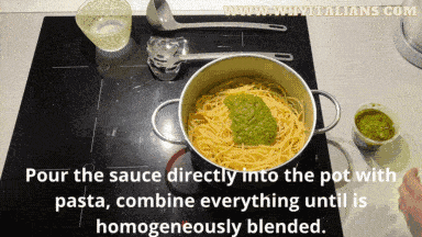 In this GIF, it is demonstrated how to season the pasta directly in the pot after it has been drained and then serve it on the plate.