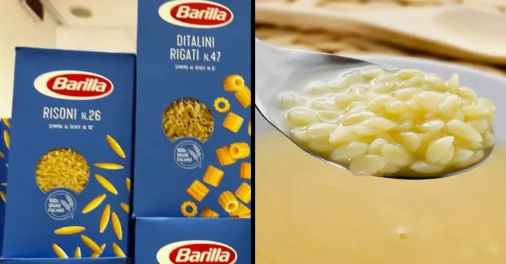 
In the image, you can see pastina for sale in supermarkets and then some cooked pastina ready to be eaten. In both cases, it's a very small type of pasta, similar to rice grains.