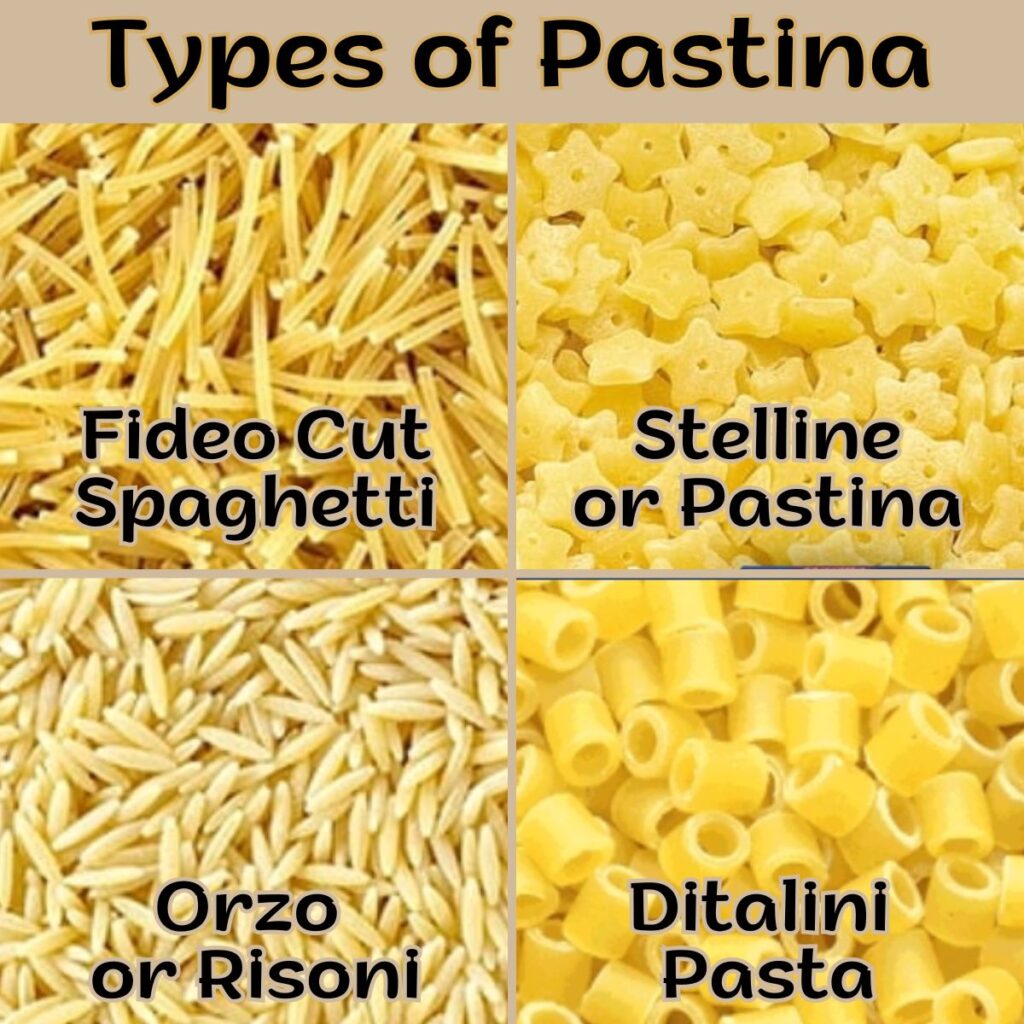 This image show different type of pastina, like ditalini, orzo, fideo-cut spaghetti and stelline.