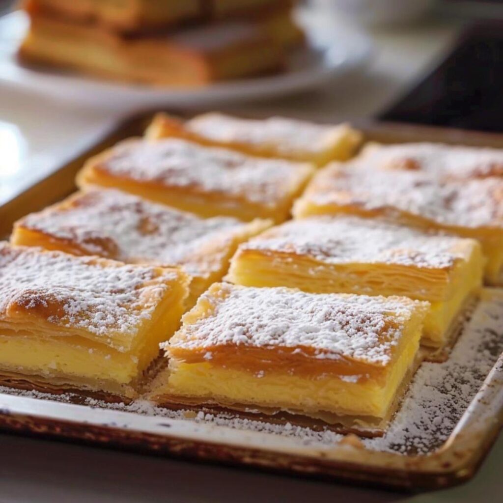 Rectangles of very light puff pastry that enclose a heart of custard, are dusted with icing sugar and are placed on a tray on the top of a home kitchen
