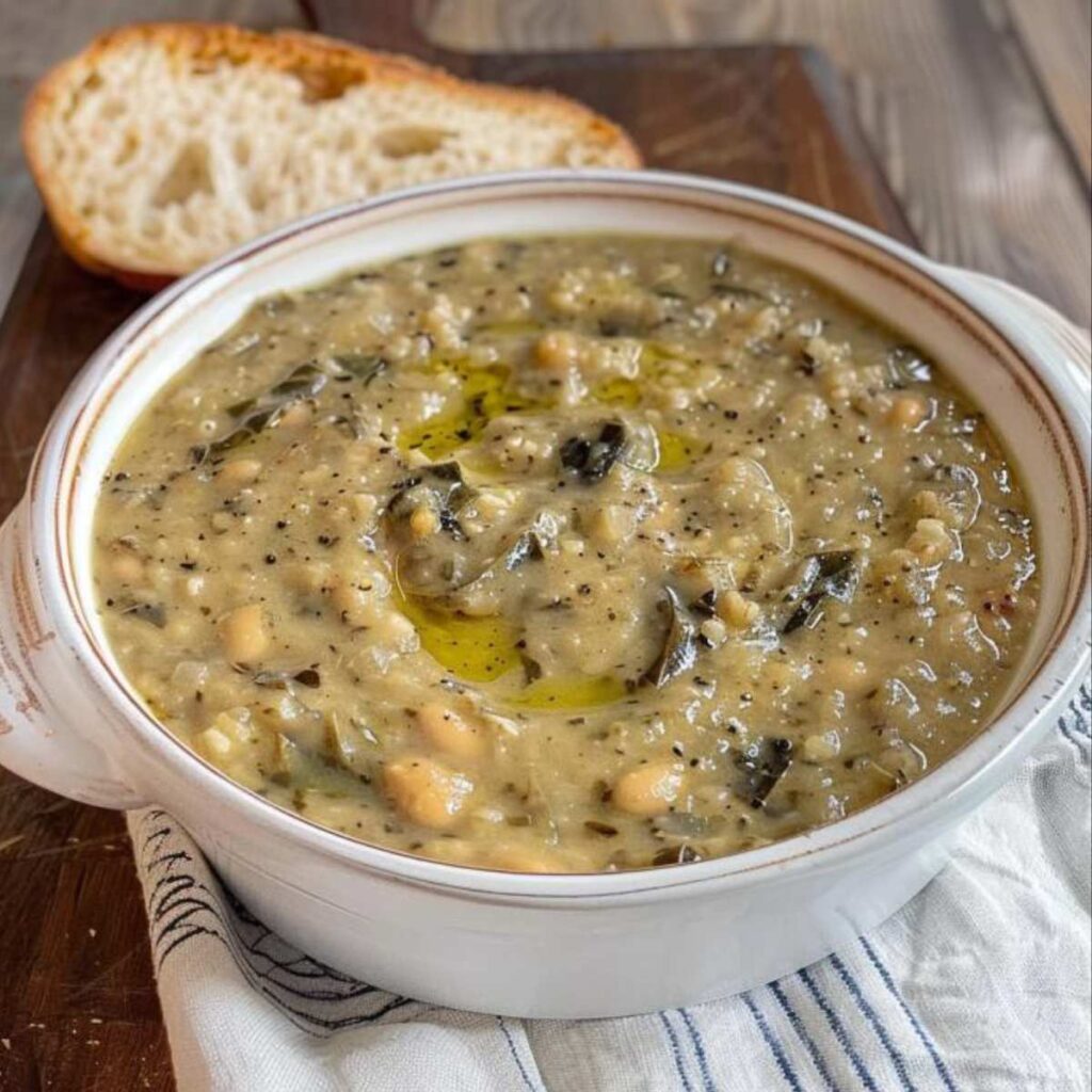 A thick soup of mashed beans, cannellini beans and black cabbage, the soup seems to have cooked for hours and is seasoned with a drizzle of oil. Next to the soup bowl is a slice of Tuscan bread.