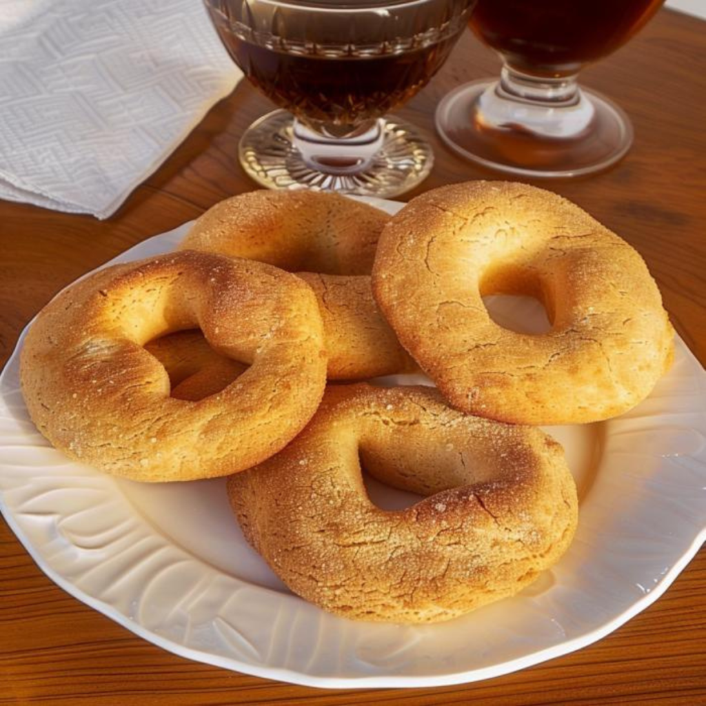 Large biscuits as big as the palm of a hand, crumbly and shaped like slightly flattened rings with an irregular hole in the center, are arranged on a white plate, next to the plate there is a glass of Vin Santo liquor on a wooden table.