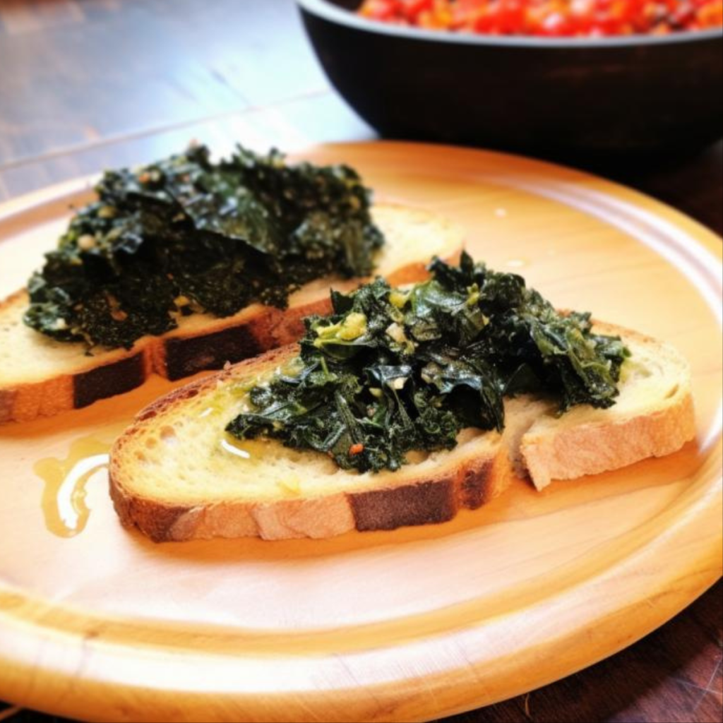 Two slices of rustic Tuscan bread toasted and soaked in olive oil, the slices of bread have Tuscan black cabbage sautéed in a pan with garlic and chilli pepper on top, they are placed on a wooden cutting board.
