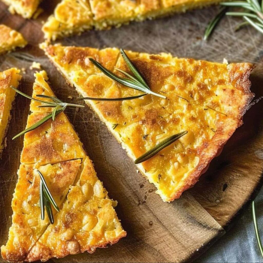 Slices of chickpea farinata placed on a cutting board, the farinata is shallow and crunchy-looking, on the surface there are rosemary leaves.
