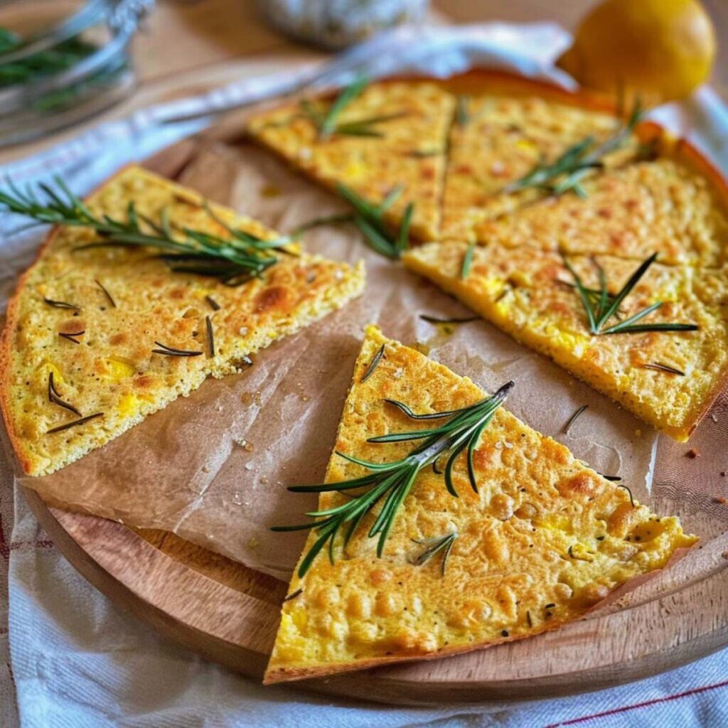Round-shaped slices of chickpea farinata placed on a cutting board, the farinata is shallow and crunchy-looking, on the surface there are rosemary leaves.