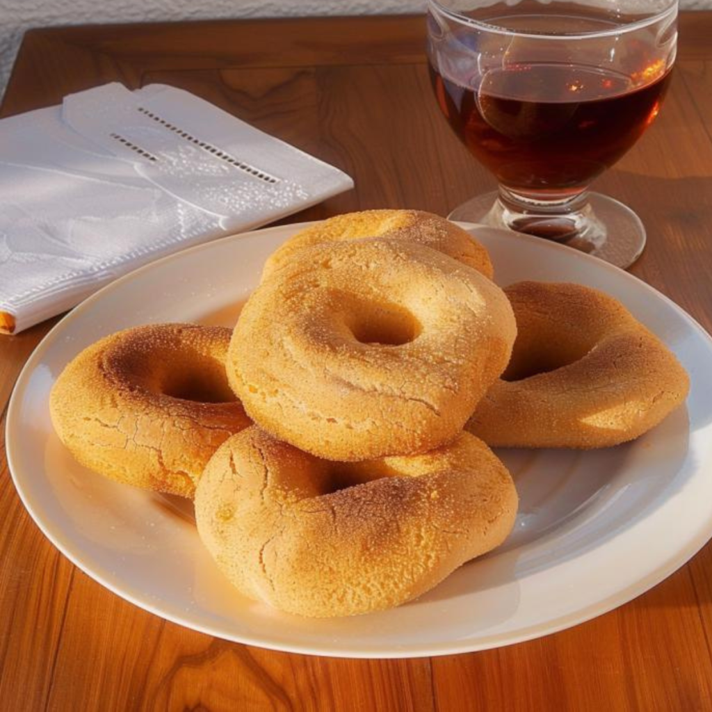 Large biscuits as big as the palm of a hand, crumbly and shaped like slightly flattened rings with an irregular hole in the center, are arranged on a white plate, next to the plate there is a glass of Vin Santo liquor on a wooden table.