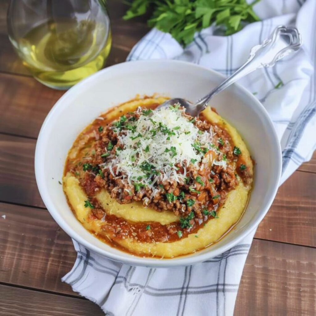 Polenta into a deep plate, cover with a layer of ragù, drizzle with olive oil, and a generous sprinkle of grated Parmesan cheese, a little bit of chopped parsley.