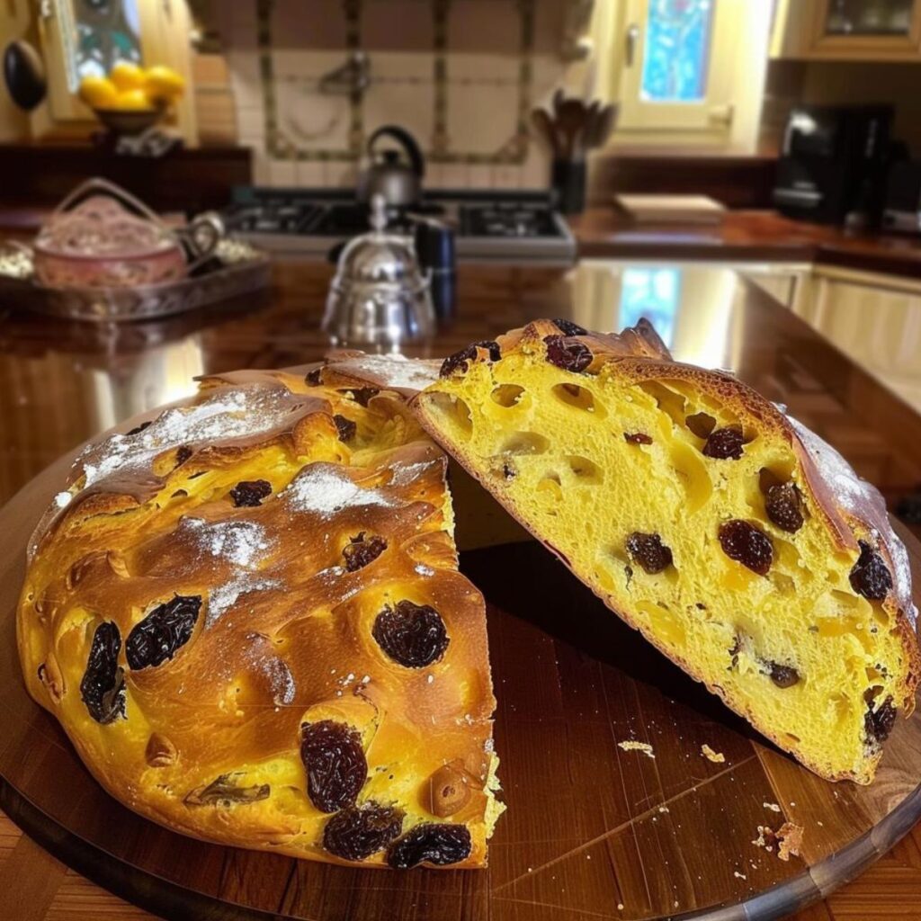 Loaves with raisins and saffron baked in a round shape, the exterior is browned and crispy, one of them is cut in half and the inside of the crumb is yellowish, fragrant, soft, and full of raisins. They are placed on a wooden table inside an Italian kitchen.