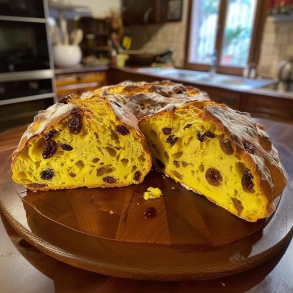 Loaves with raisins and saffron baked in a round shape, the exterior is browned and crispy, one of them is cut in half and the inside of the crumb is yellowish, fragrant, soft, and full of raisins. They are placed on a wooden table inside an Italian kitchen.