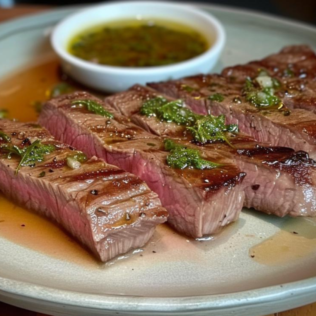 A steak cut and cooked rare with a glass of anchovy sauce and oil next to it.