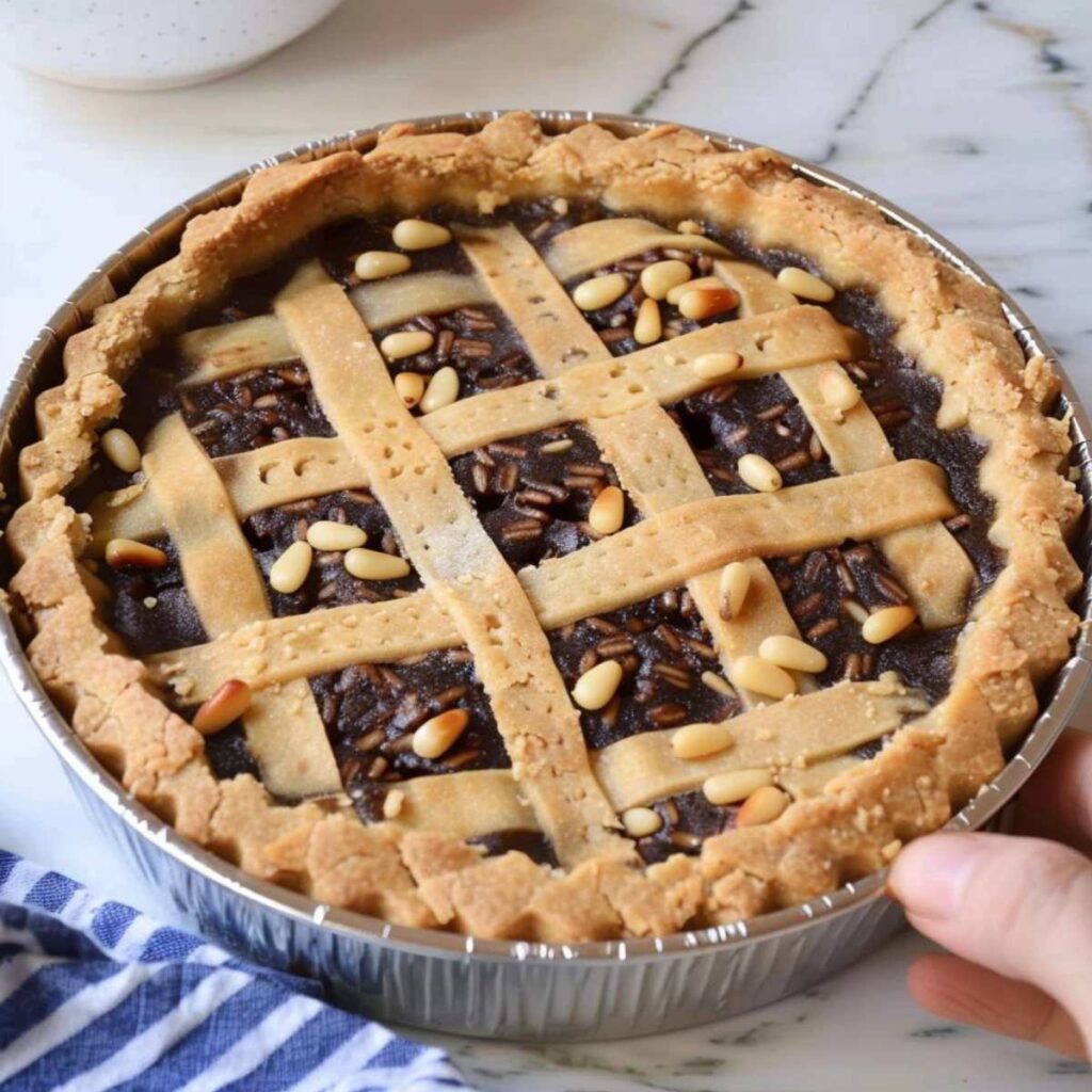 Tart inside a round aluminum pan. The tart is cooked and you can see that it has chocolate mixed with rice inside, you can also see pine nuts on the surface, the tart is well cooked and has a dry and fragrant appearance.