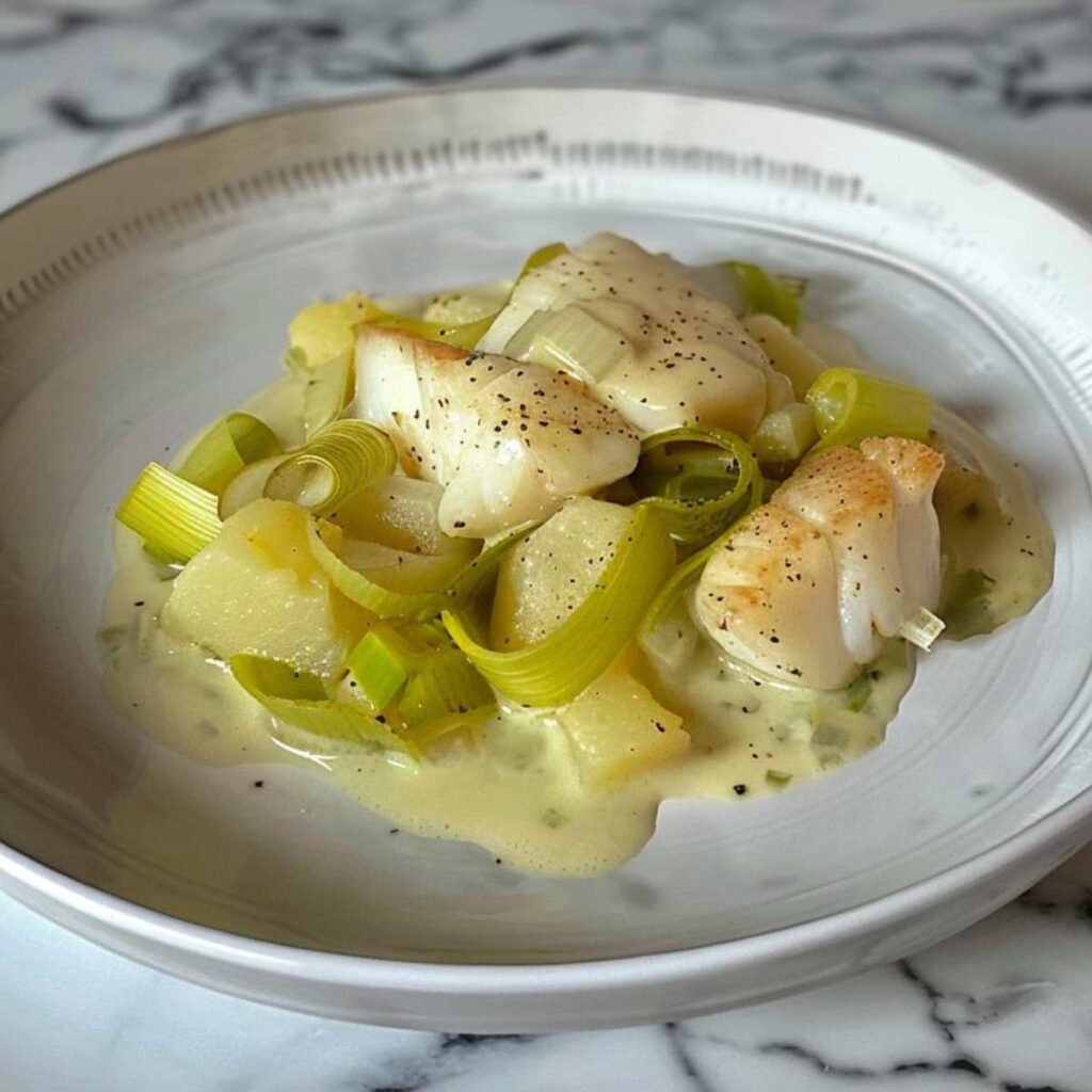 Bite sized Cod dish with leeks and diced potato creamed in milk. The cod is small pieces and the leeks are sliced, potato are diced.